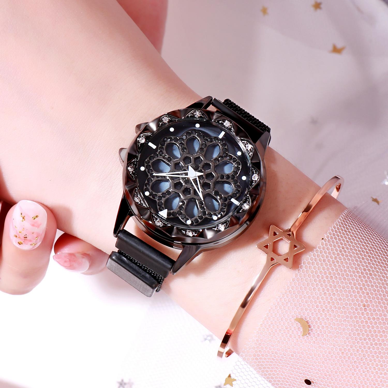 Redwood Tremble Watch Running Women's Rotary Magnetic Absorbing Steel Belt Drilling Fashion Trend Quartz Watch