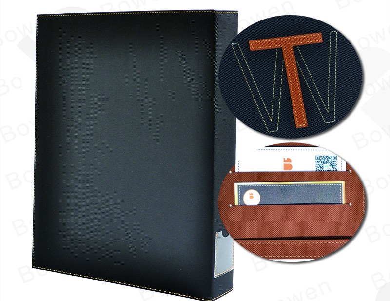 BWA-62 custom metal 3 ring binder PU leather folder with sewing Logo/card holders