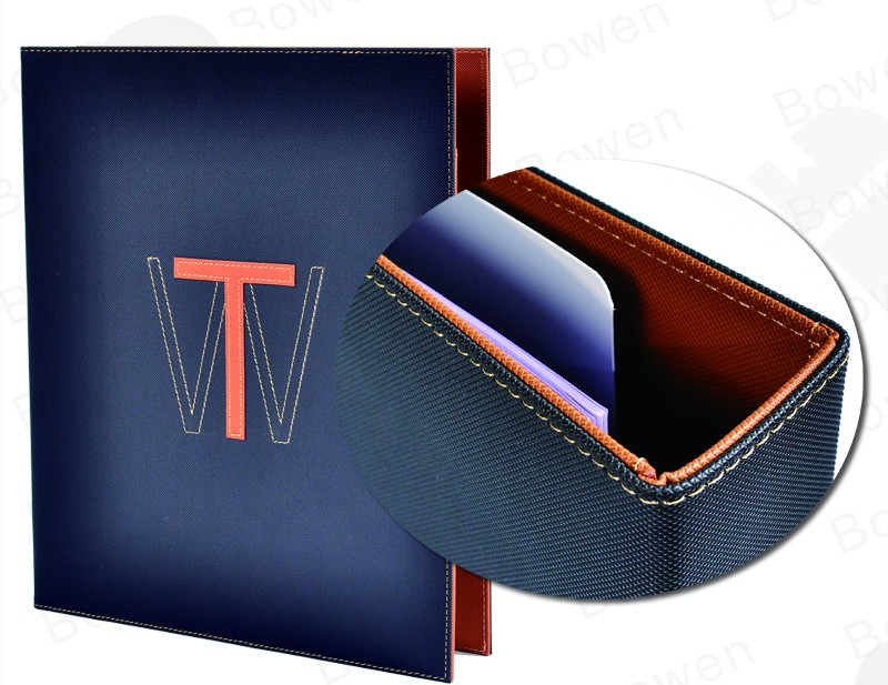 BWA-62 custom metal 3 ring binder PU leather folder with sewing Logo/card holders