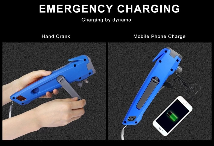 Blue Hand Crank Dynamo Power Bank Flashlight Emergency Hammer