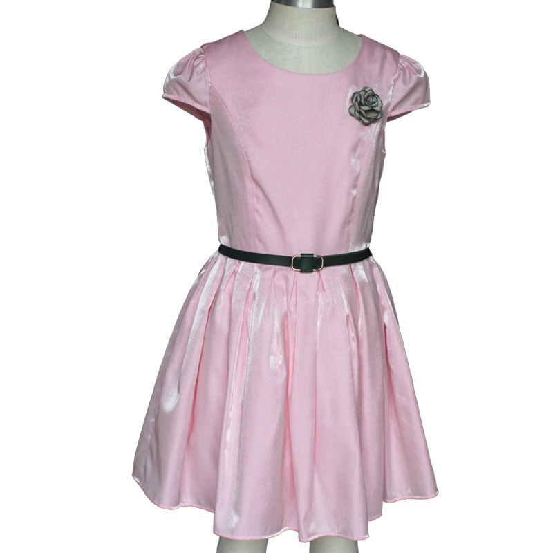 School Girl uniform Round Neck Solid Color Pink  Nylon Cotton Kid Waistbelt Dress
