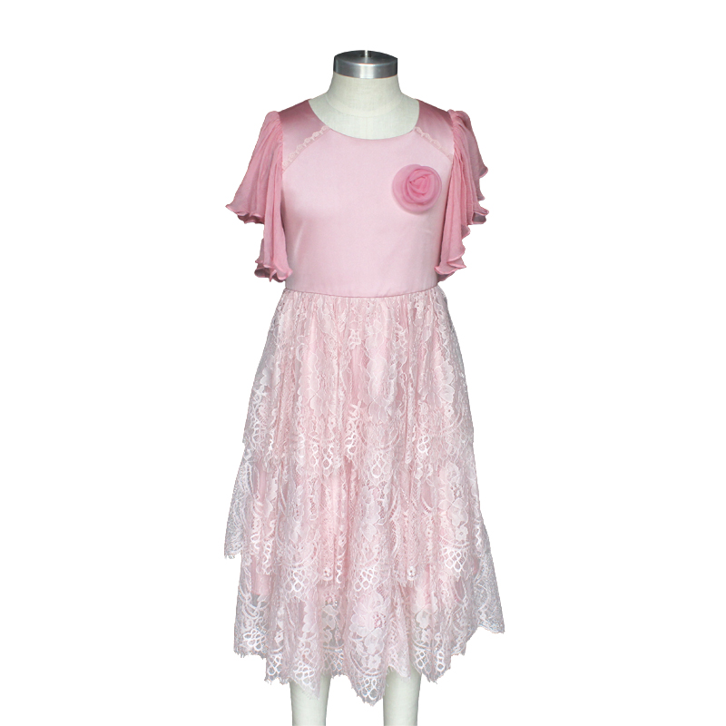 Girl Princess Pink Flower School Uniform Kids Frocks Casual Grenadine Lace Dress