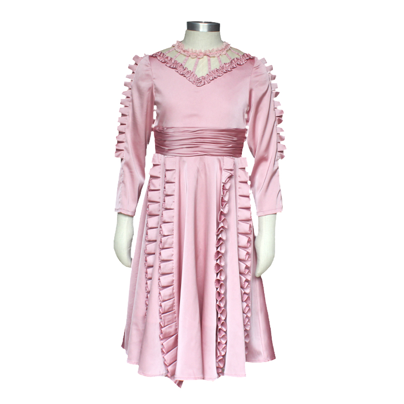 Summer Kindergarten Girl School Uniform Long Sleeve Child Pink Ruffle Silk Satin Dress
