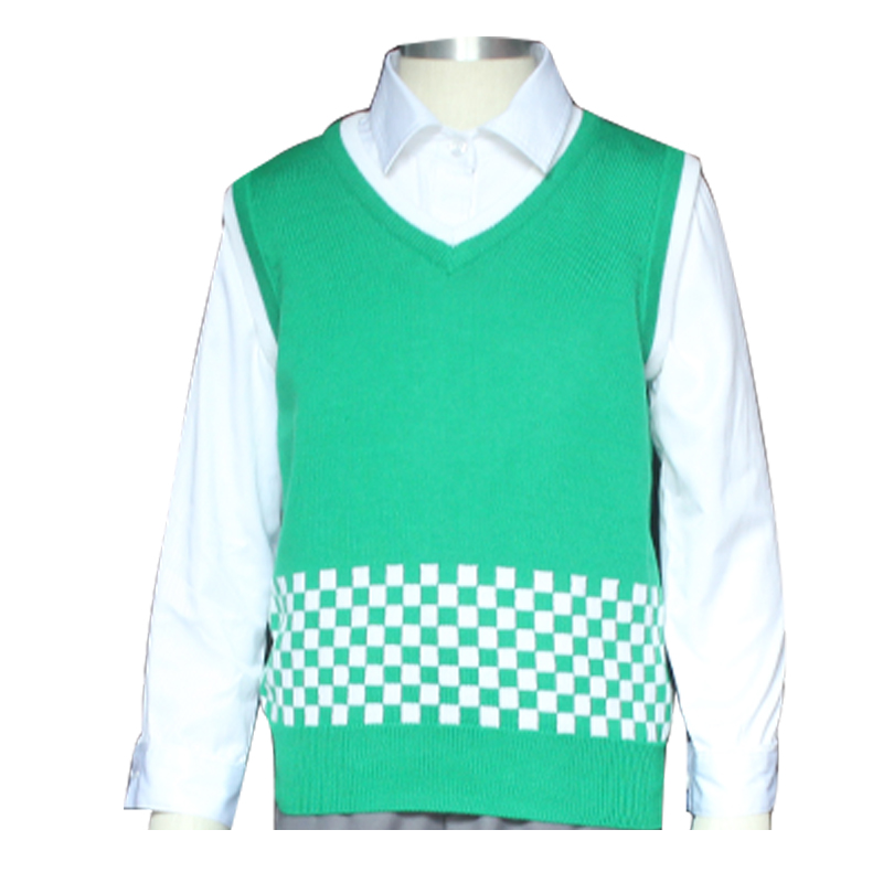 Casual Green Cotton Unisex V Neck Knitted Vest Sweater School Uniform