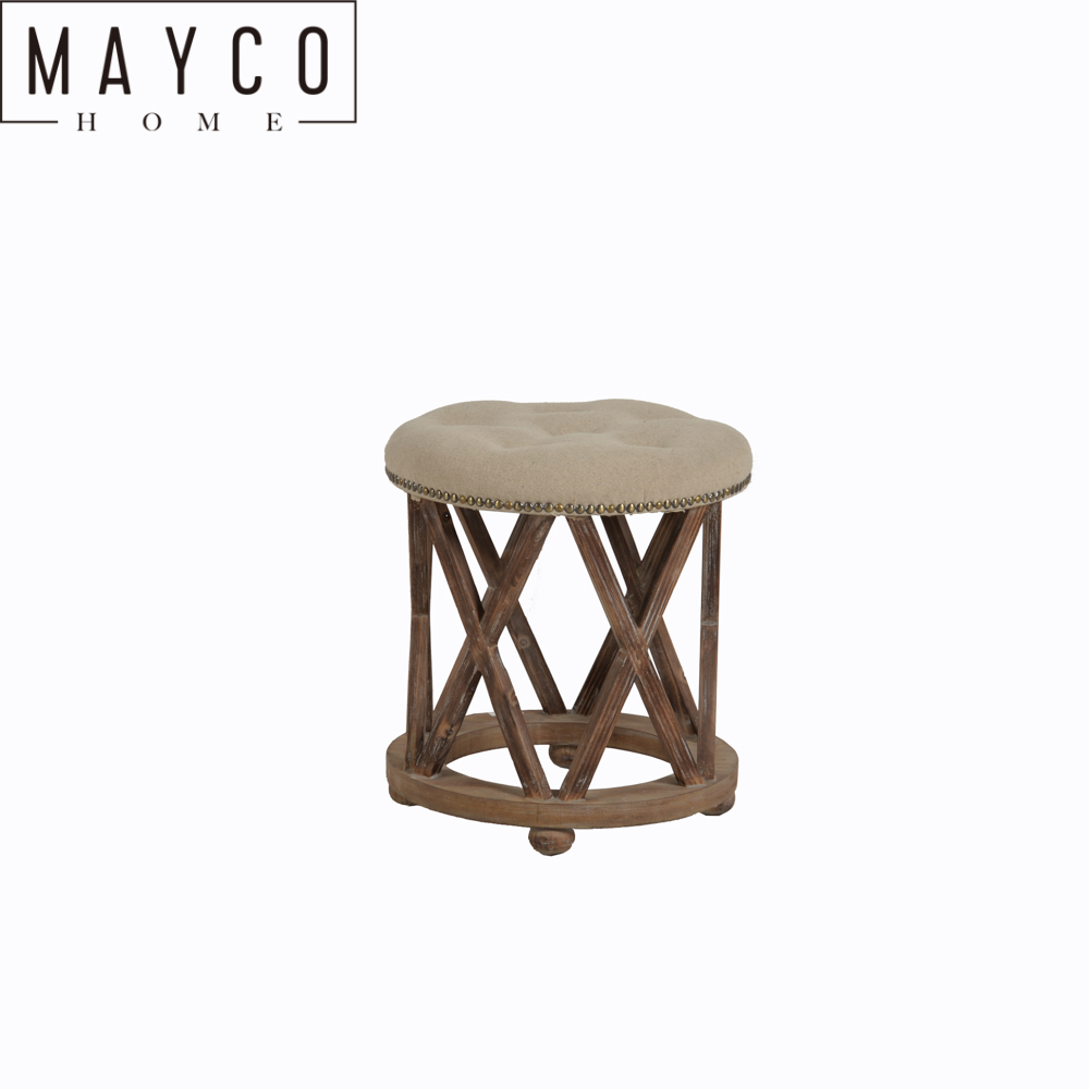 Mayco Home Goods Ottoman Tufted Round Linen and Wood Ottoman Stool