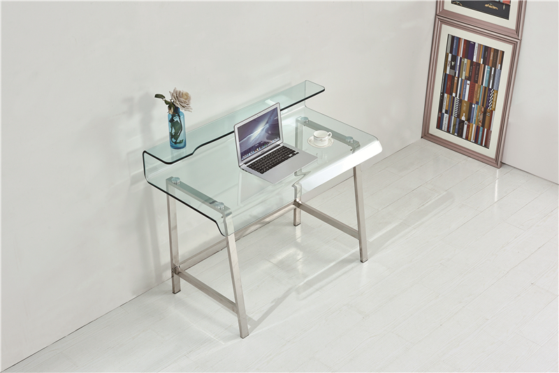 Moder home office furniture bent common glass PC table computer desk with Stainless Steel legs