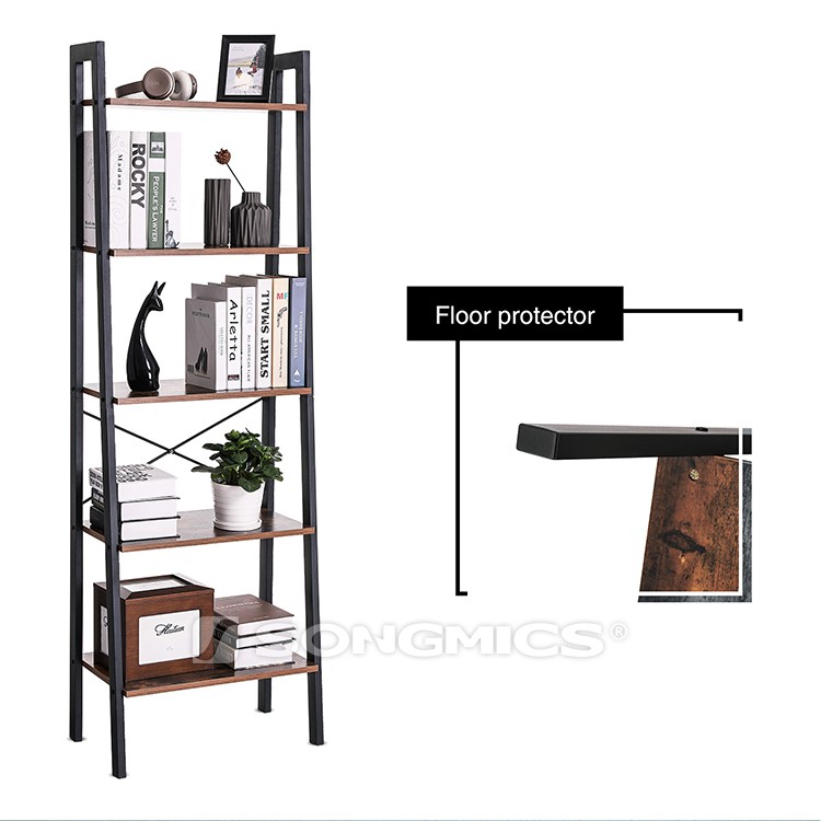 Customized 5 tier vintage ladder bookshelf, china antique wood leaning shelf bookcase rack