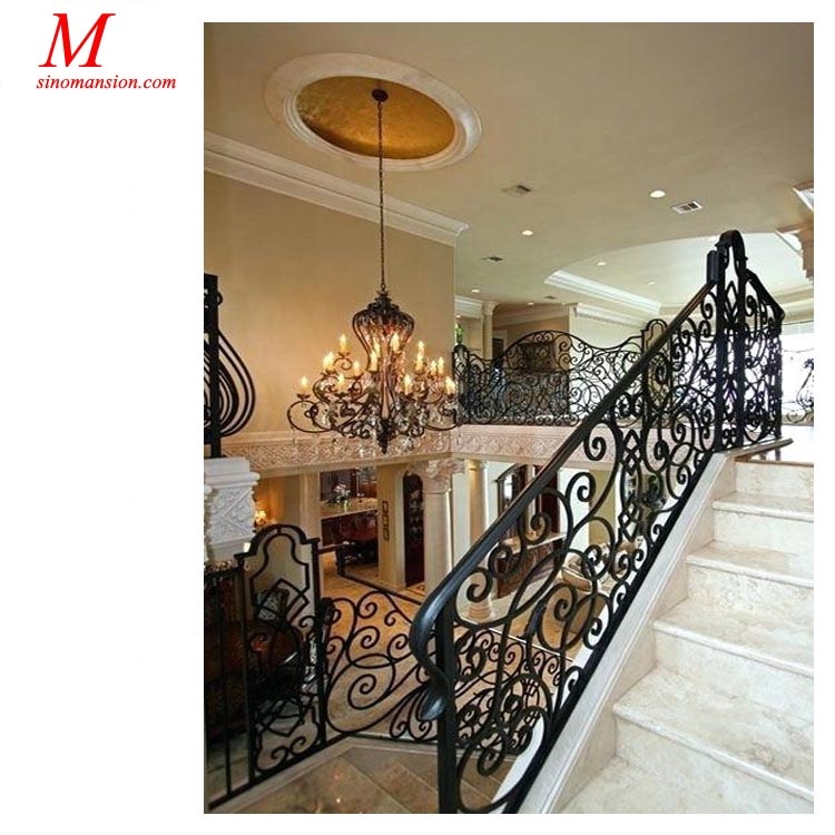 Mansion hand forged wrought iron stair railing