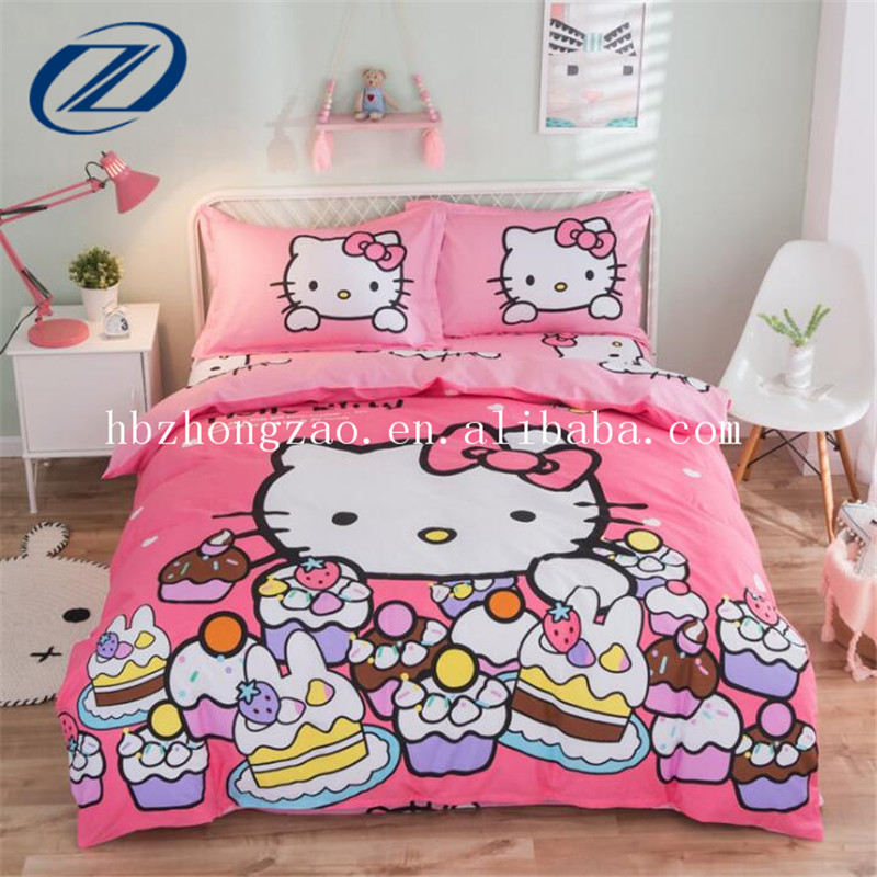 Hot selling new style 100% cotton hello kitty cartoon 4pcs twin size kids duvet cover and bed sheets