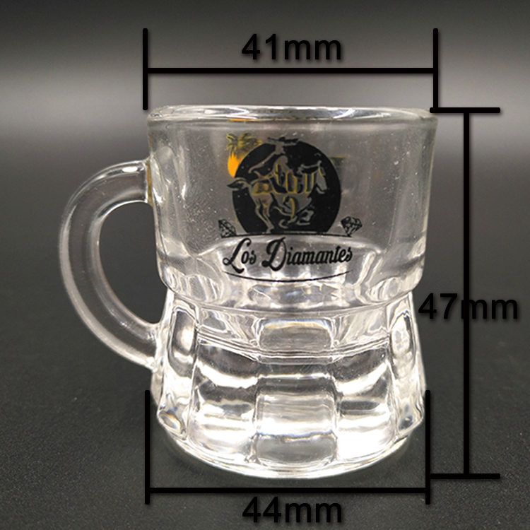 Hot sale double wall bottom durable curving vodka stocked hot sale 25ml handle shot glass