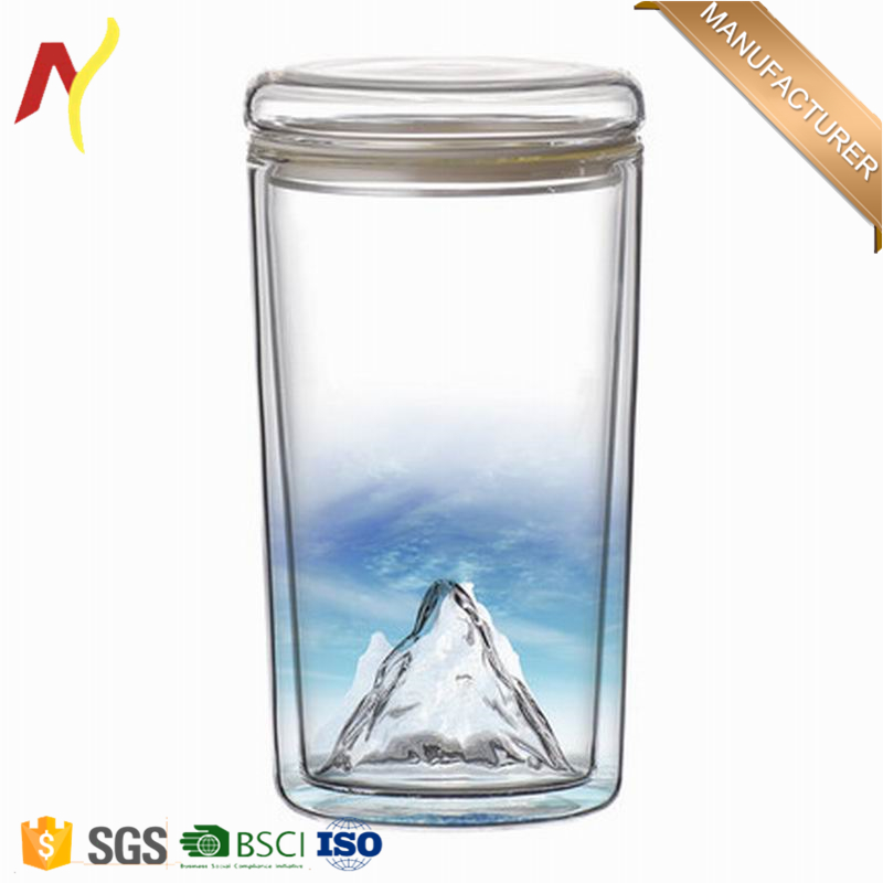 Creative double wall snow mountain heat resistant insulated glass cup