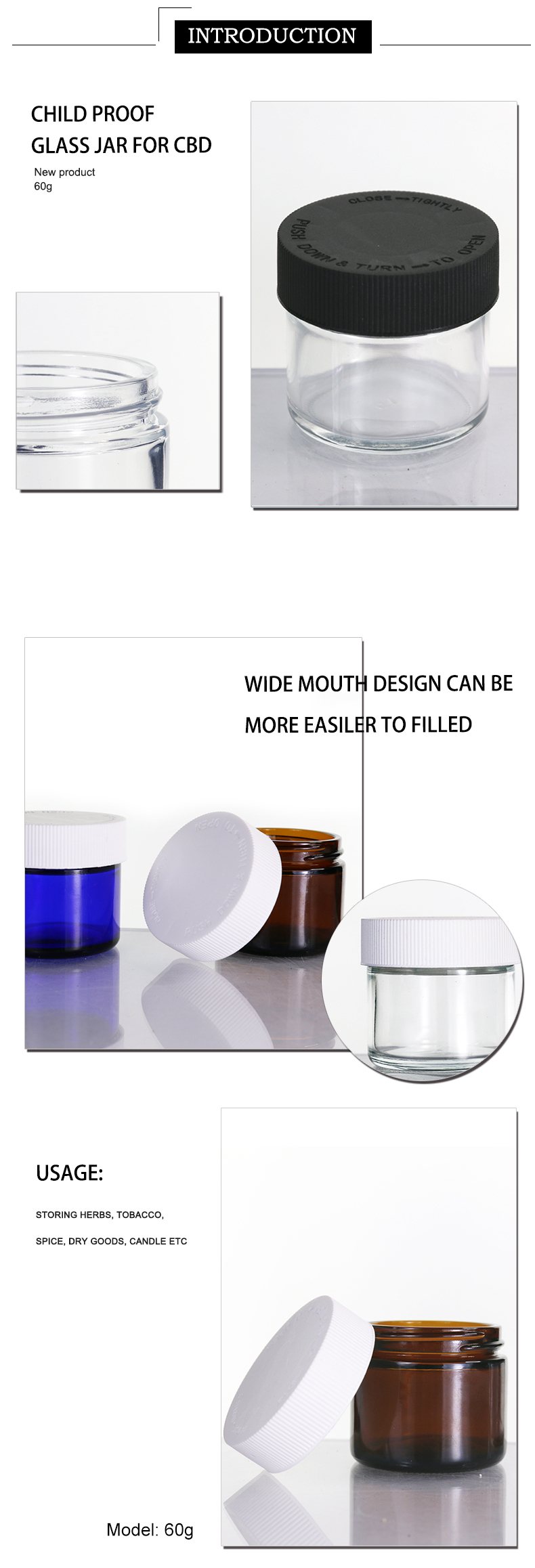 Manufacturer 60ml child resistant packaging glass jars for weed 1oz 2oz 3oz 4oz childproof jars